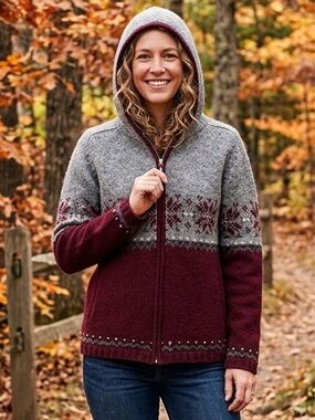 COLORI, Long sleeved zip up Hoodie, Size Medium Burgundy & Grey